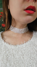 Poltava Merezhka Beaded Gerdan Choker – Ukrainian Necklace in Taupe and white – main view