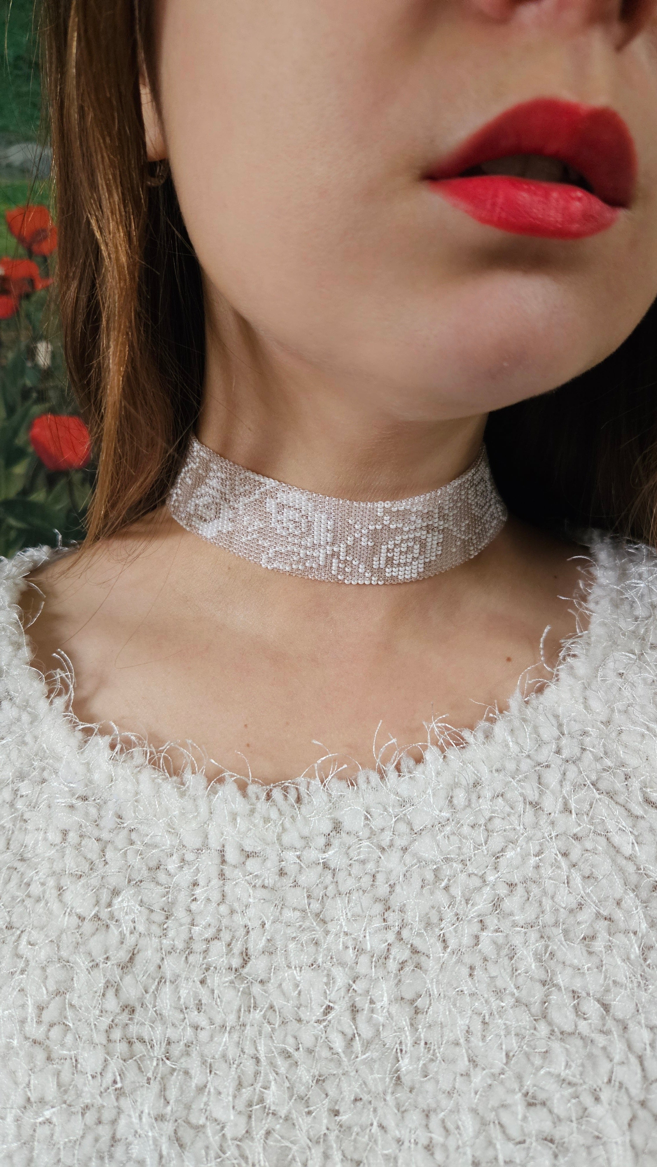 Poltava Merezhka Beaded Gerdan Choker – Ukrainian Necklace in Taupe and white – main view