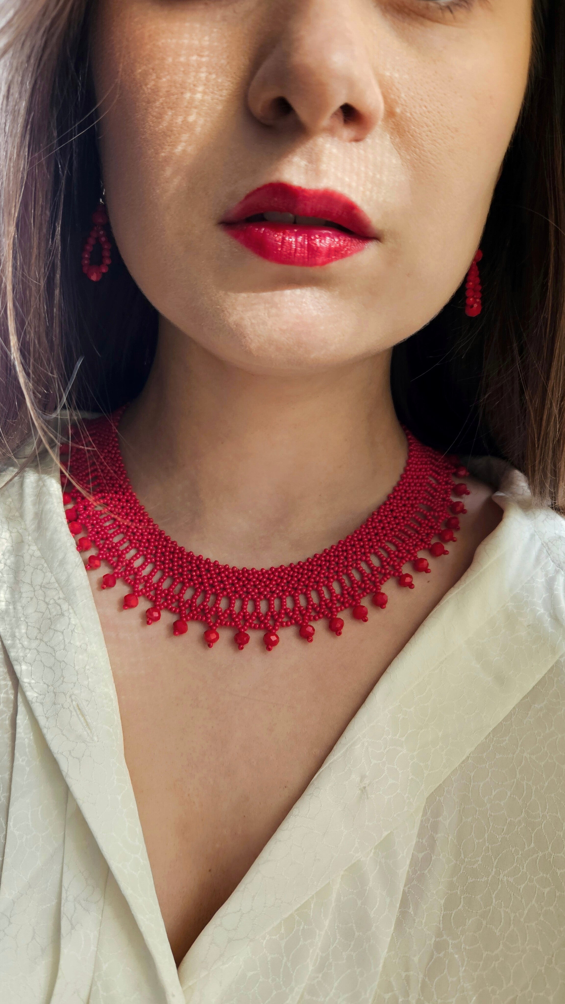 Red Czech Glass Bead Collar Necklace and Earrings Set in Red – main view
