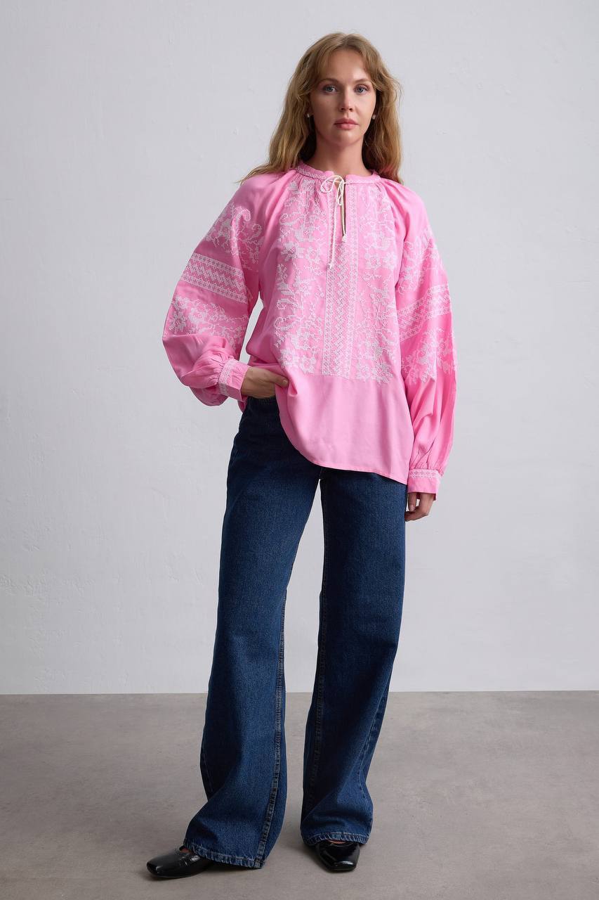 Women's Floral Embroidered Vyshyvanka Blouse - Tie Neck - product photo 2