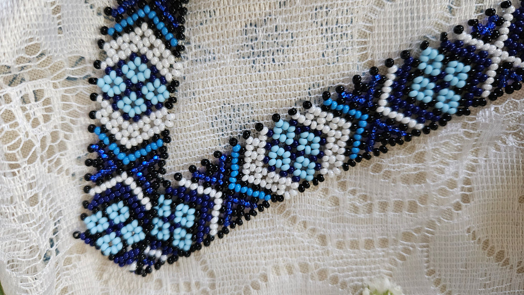 Lesya Ukrainka–Inspired Blue Sylianka – Beaded Ukrainian Choker in Blue, white and black – alternate view 2