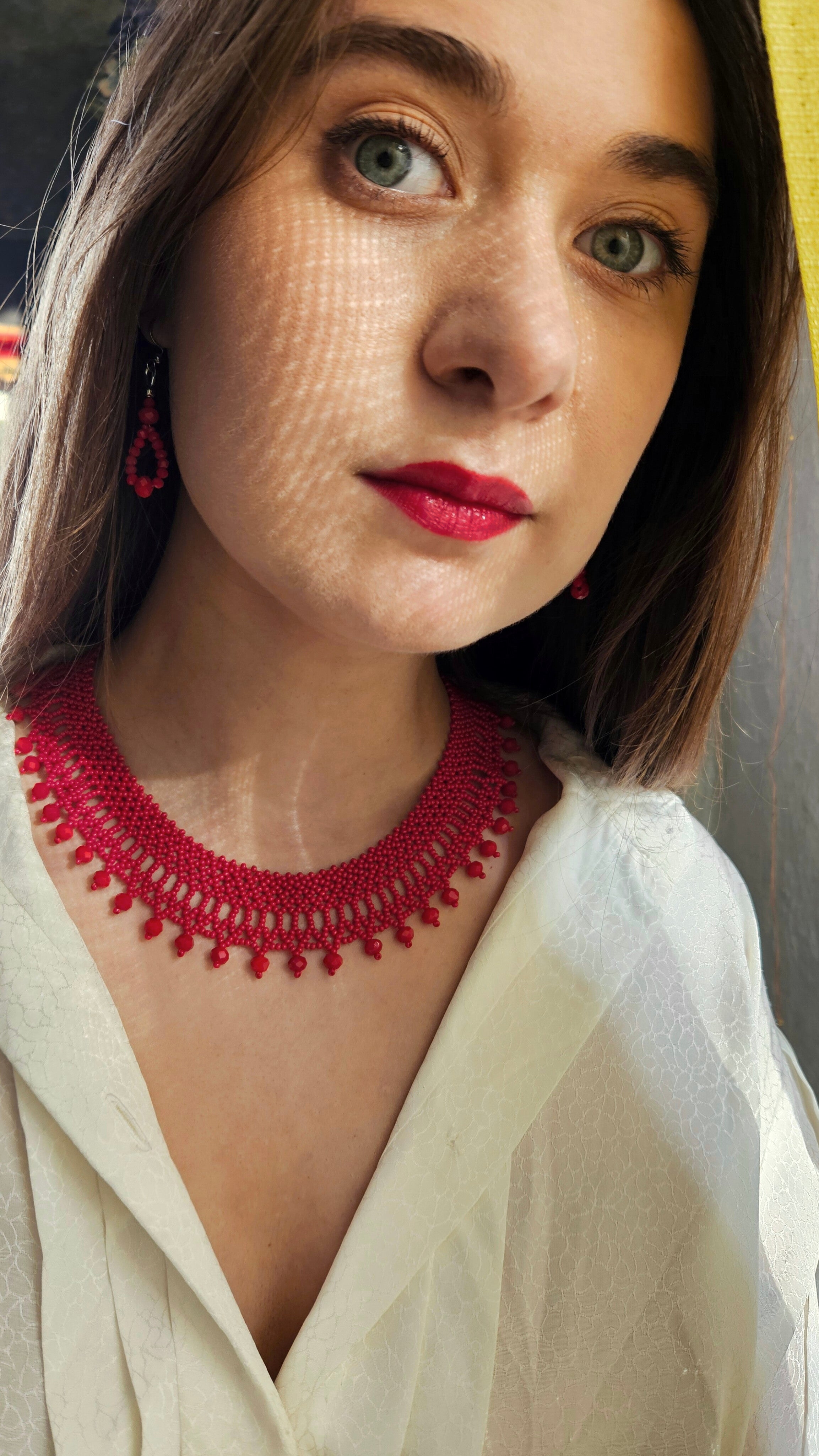 Red Czech Glass Bead Collar Necklace and Earrings Set in Red – alternate view 1