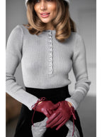 Textured Cotton Button-Placket Long-Sleeve Top in Gray, main view