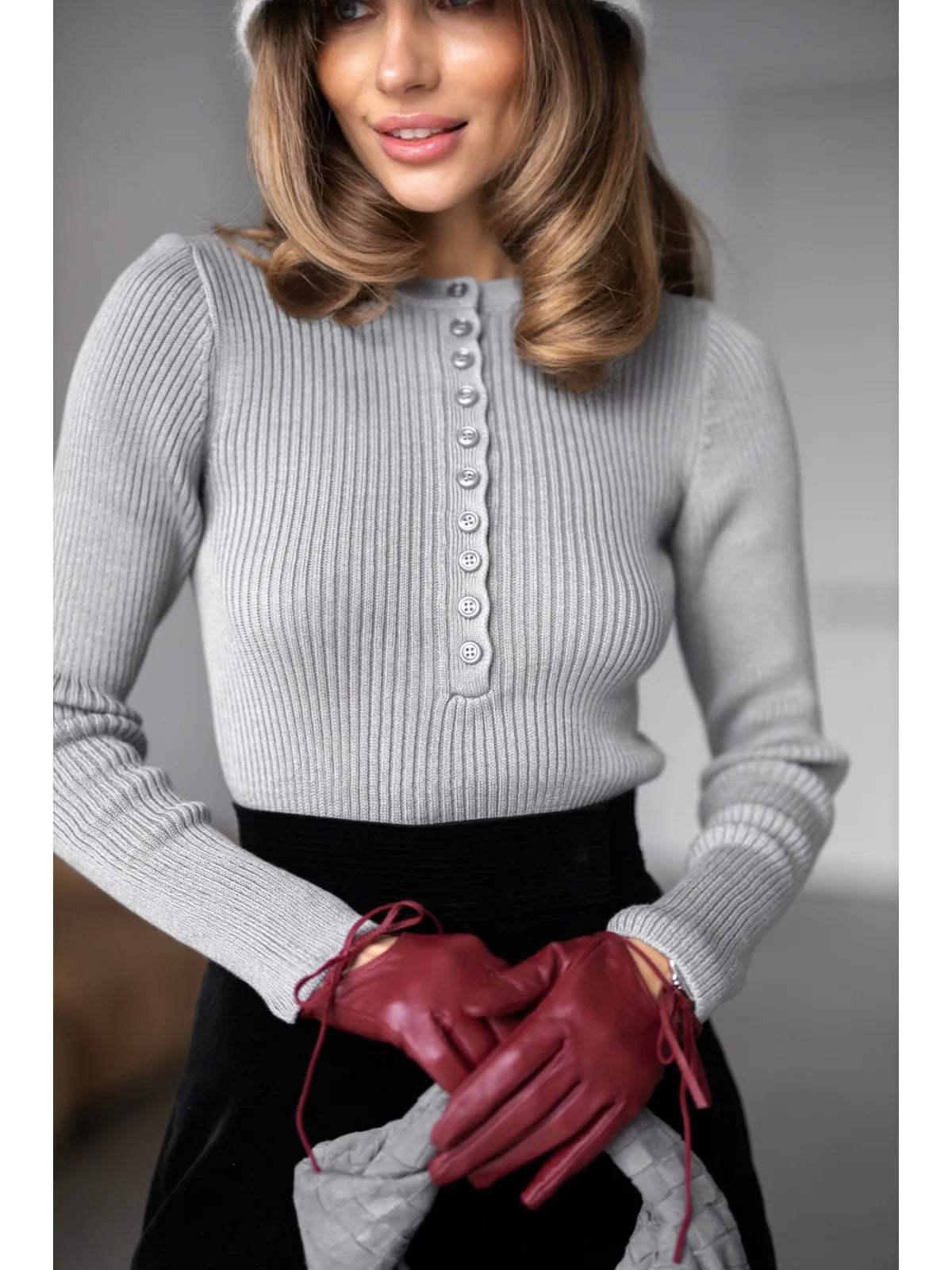 Textured Cotton Button-Placket Long-Sleeve Top in Gray, main view