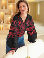 Women's Floral Embroidered Vyshyvanka Blouse - Tie Neck - product photo 3
