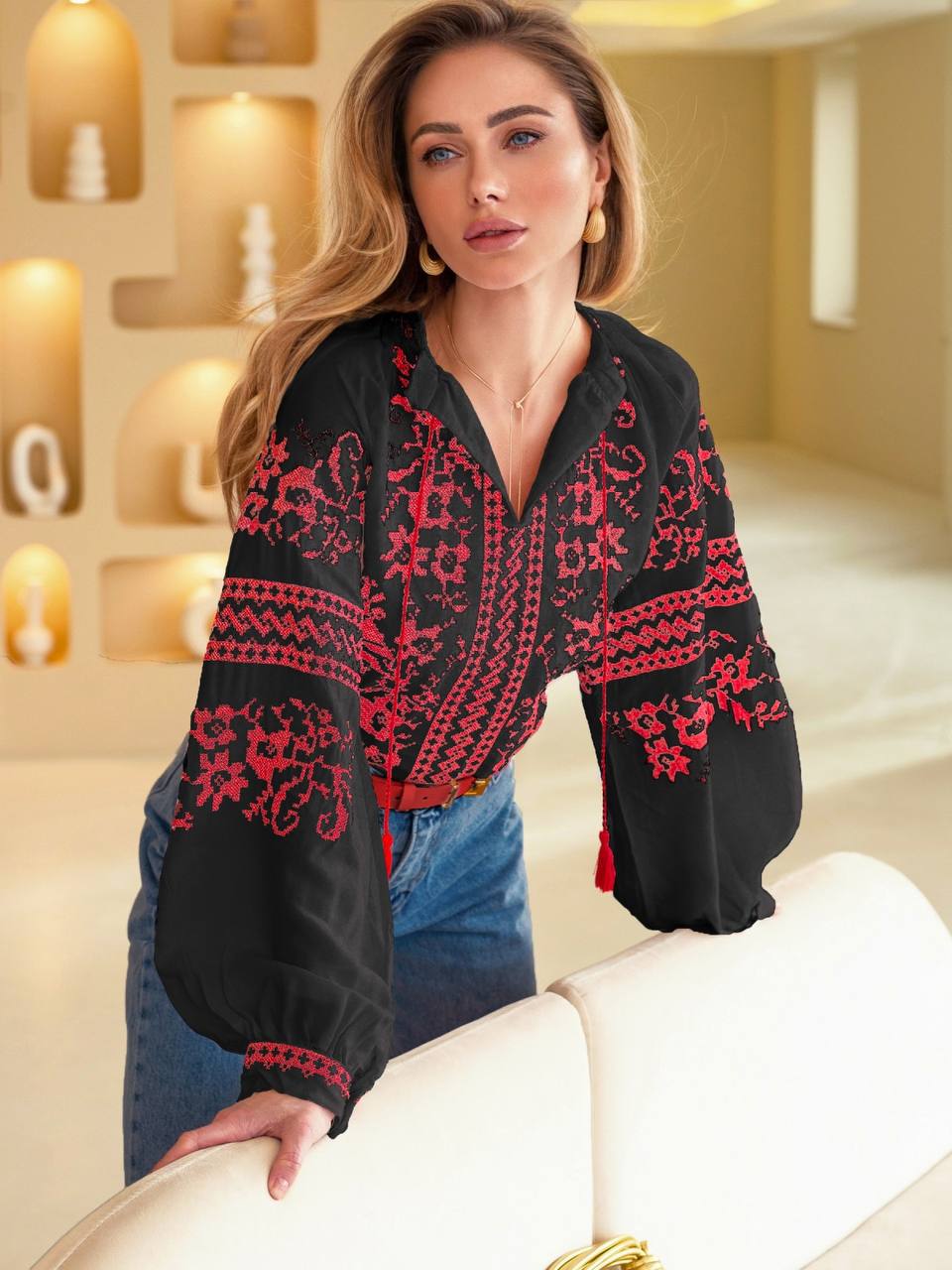 Women's Floral Embroidered Vyshyvanka Blouse - Tie Neck - product photo 3