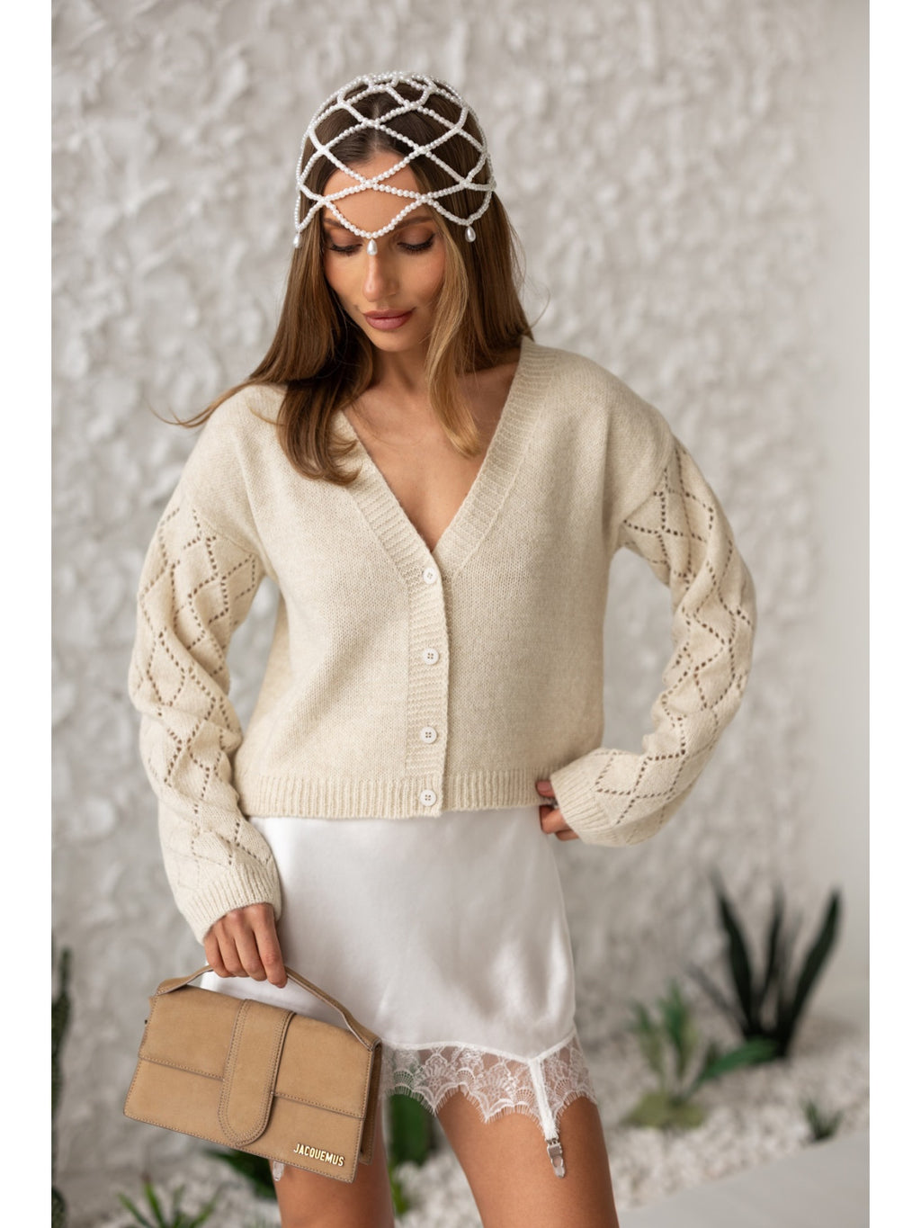Women's Wool-Blend Cropped Cardigan in beige, main view