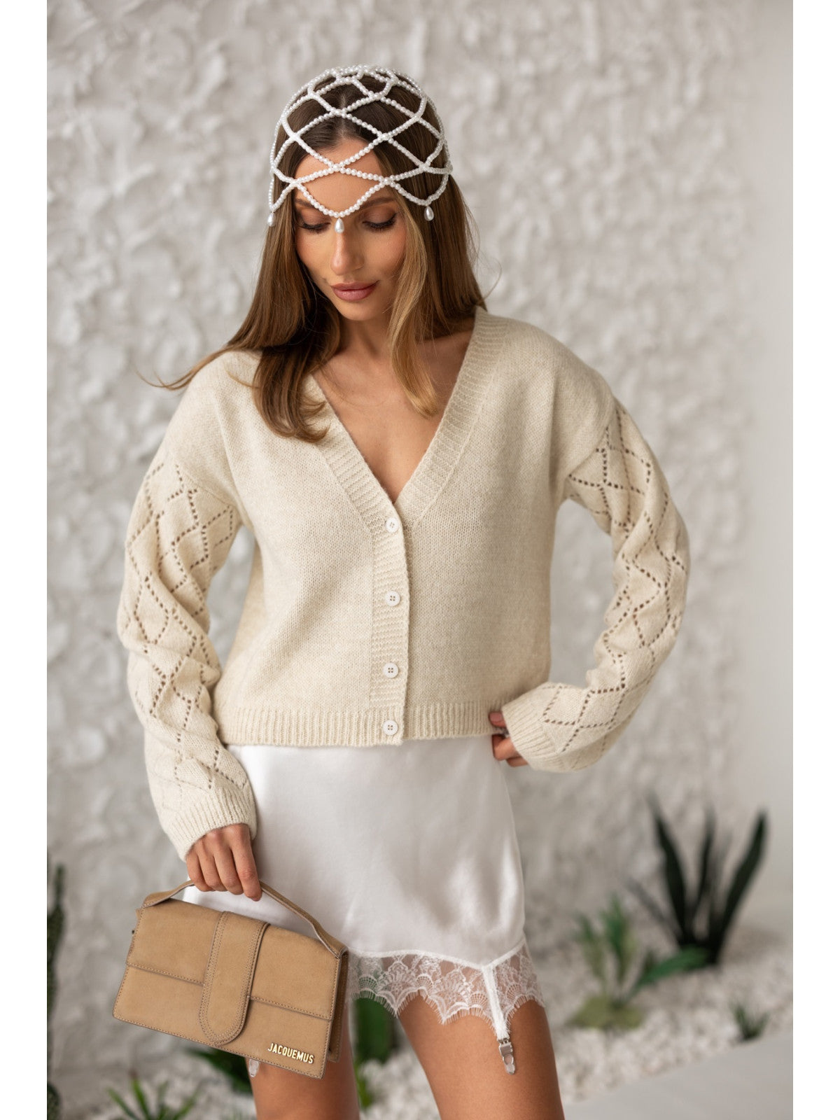 Women's Wool-Blend Cropped Cardigan in beige, main view