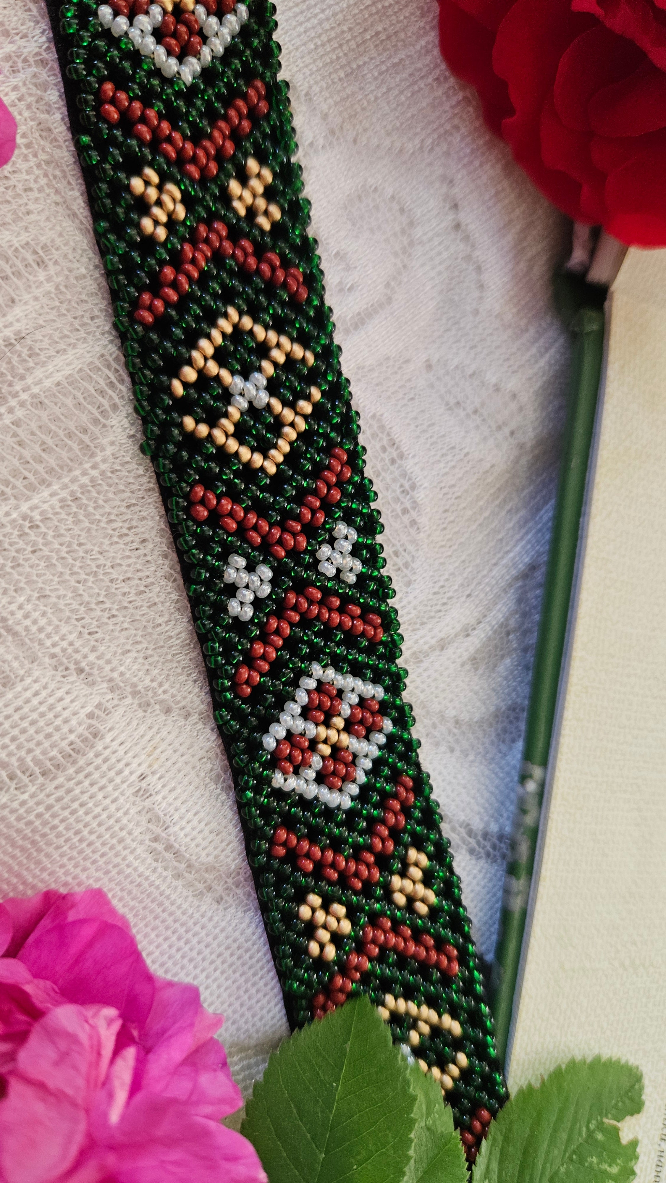Western Podillia Beaded Ribbon Gerdan – Necklace, Headband or Belt in Black multicolor – beadwork detail 2