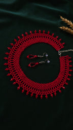 Red Czech Glass Bead Collar Necklace and Earrings Set in Red – beadwork detail 3