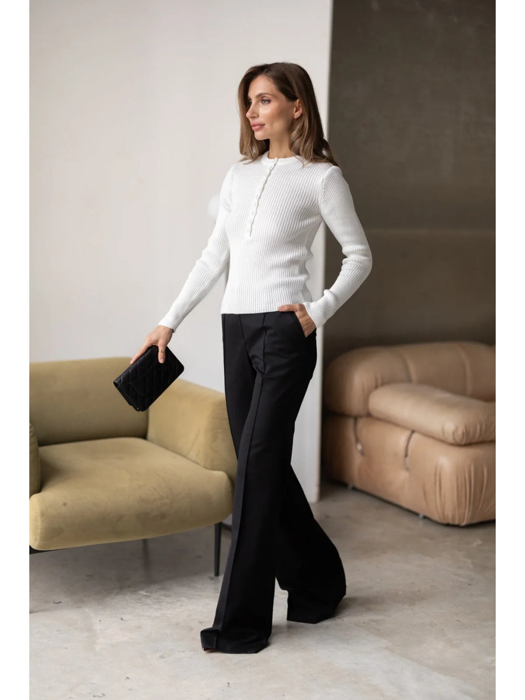 Textured Cotton Button-Placket Long-Sleeve Top in Milk, main view