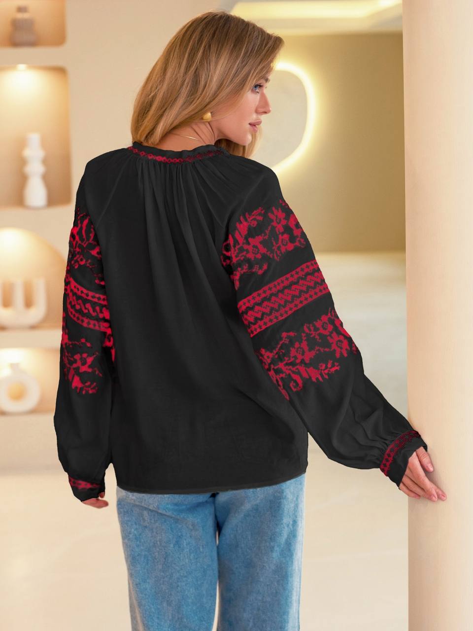 Women's Floral Embroidered Vyshyvanka Blouse - Tie Neck - product photo 4