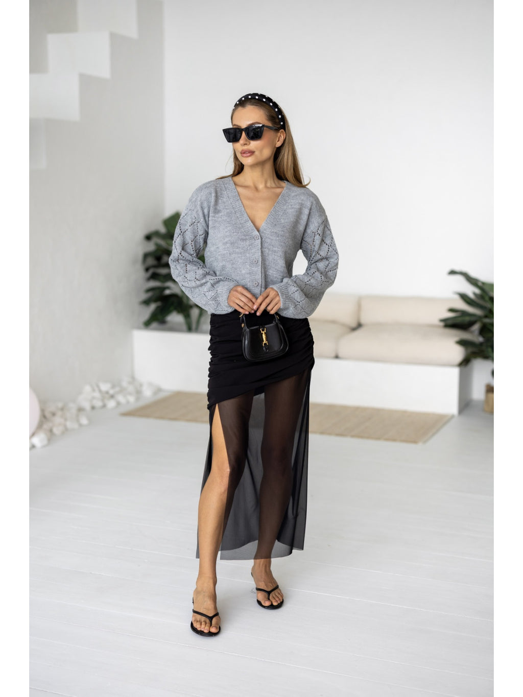 Women's Wool-Blend Cropped Cardigan in gray, alternate view