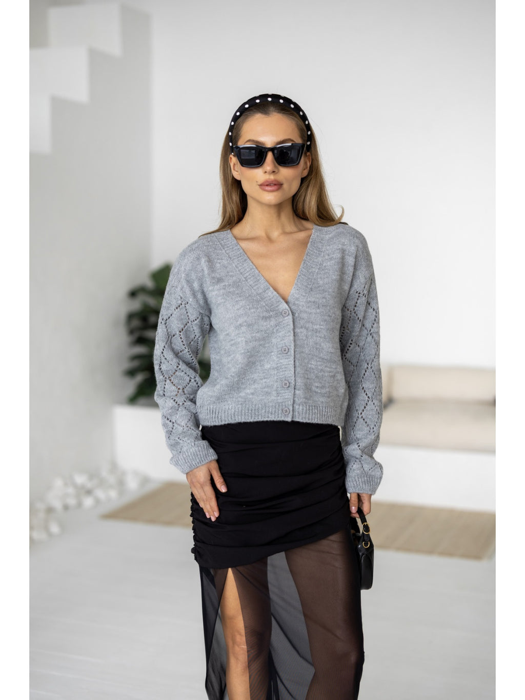 Women's Wool-Blend Cropped Cardigan in gray, alternate view