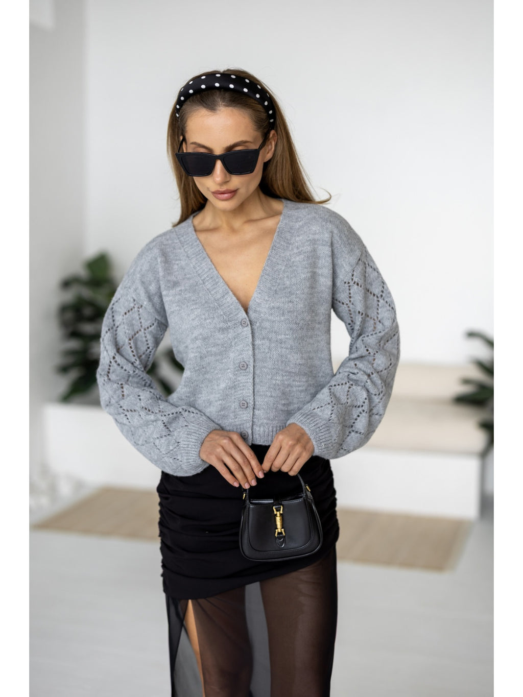 Women's Wool-Blend Cropped Cardigan in gray, alternate view