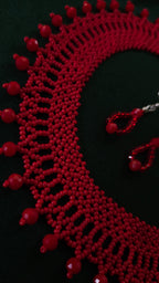 Red Czech Glass Bead Collar Necklace and Earrings Set in Red – beadwork detail 4