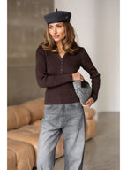 Textured Cotton Button-Placket Long-Sleeve Top in Brown, main view