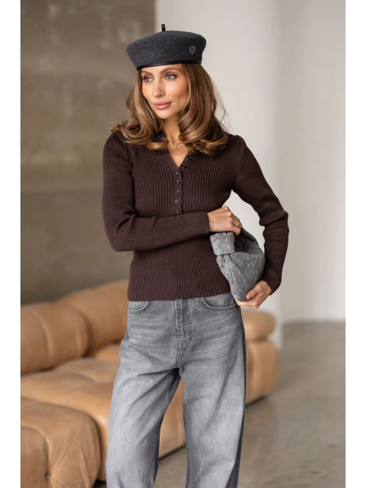 Textured Cotton Button-Placket Long-Sleeve Top in Brown, main view