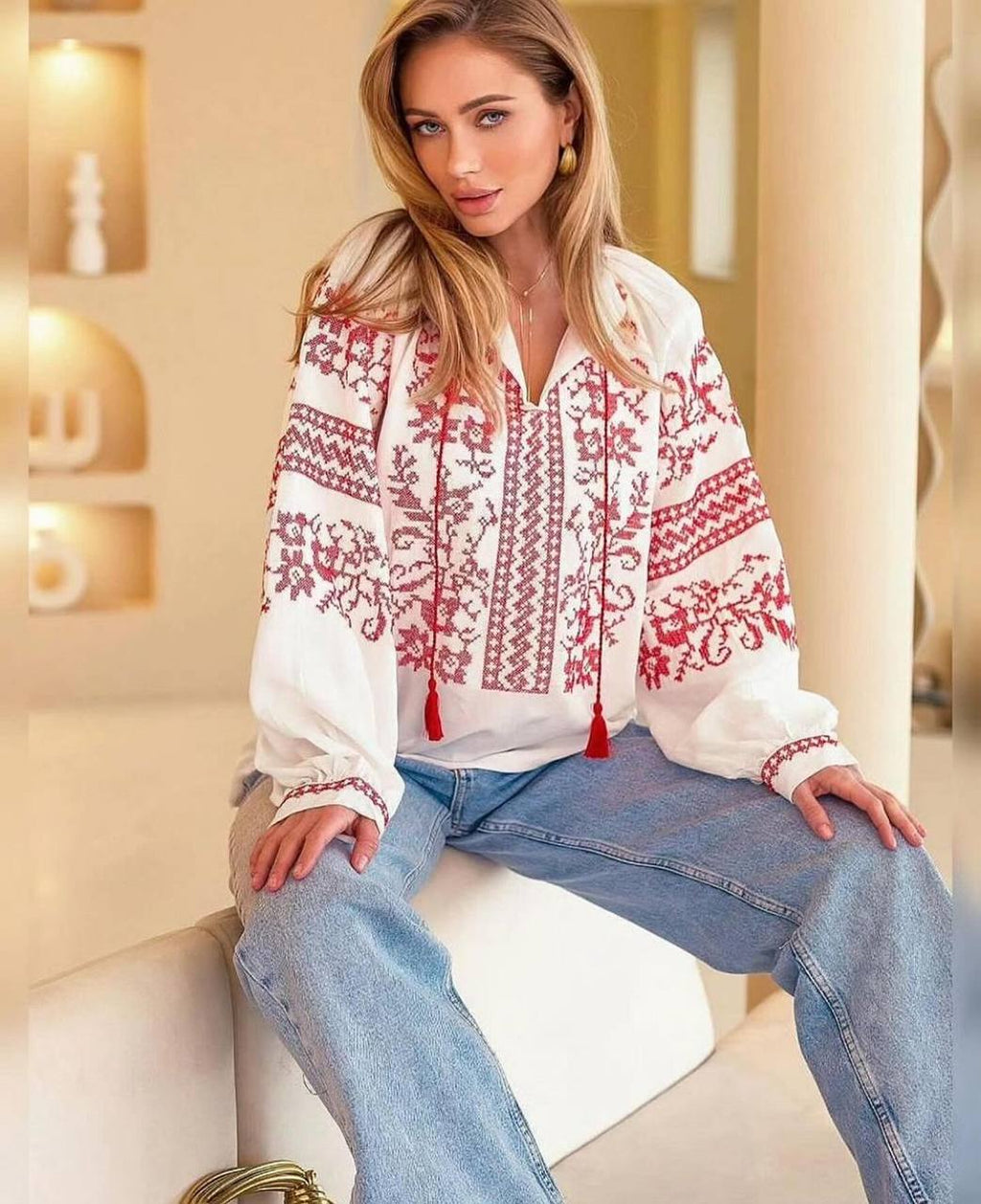Women's Floral Embroidered Vyshyvanka Blouse - Tie Neck - product photo 5