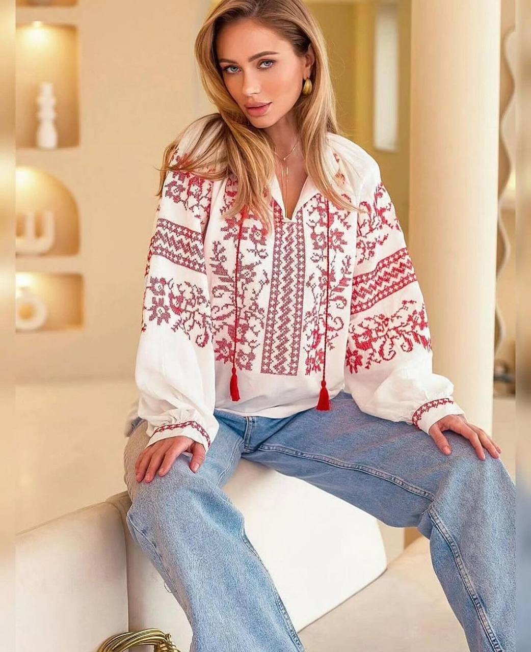 Women's Floral Embroidered Vyshyvanka Blouse - Tie Neck - product photo 5