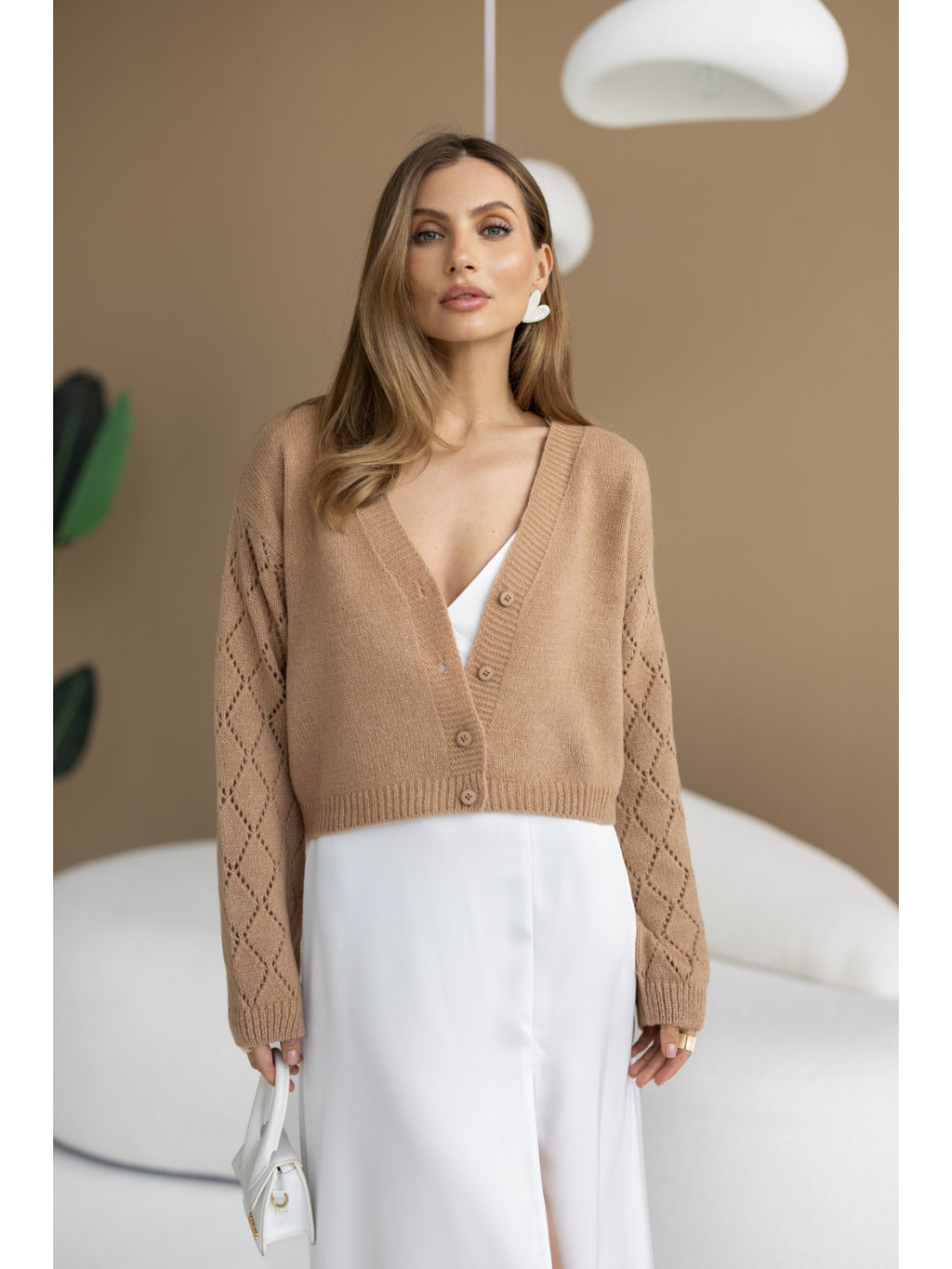 Women's Wool-Blend Cropped Cardigan in camel, main view