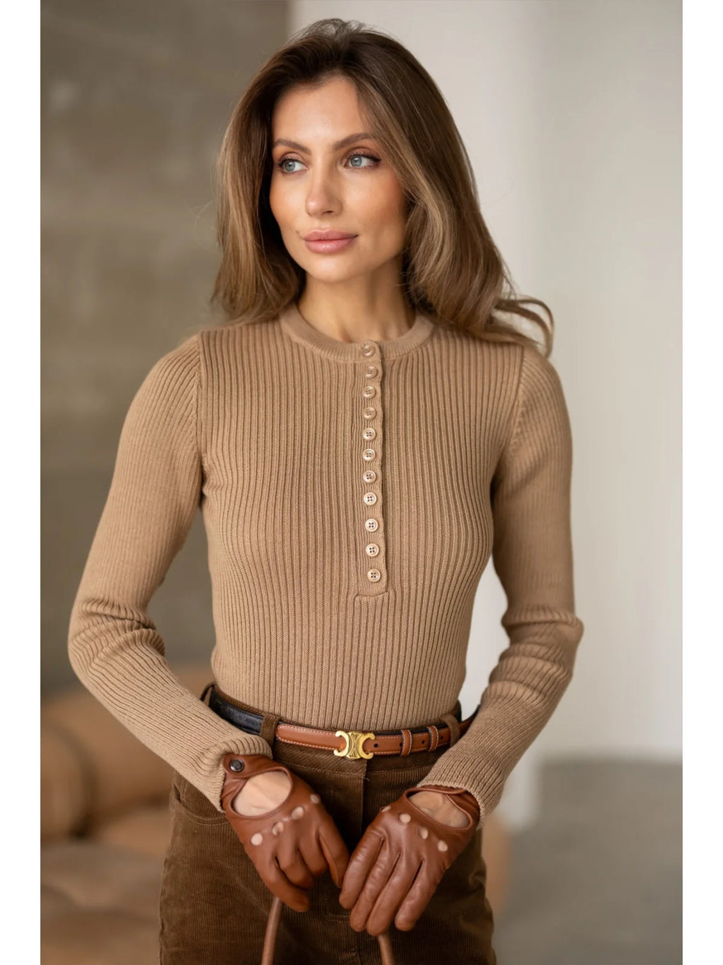 Textured Cotton Button-Placket Long-Sleeve Top in Camel, main view