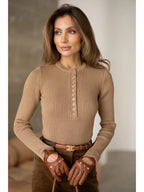 Textured Cotton Button-Placket Long-Sleeve Top in Camel, main view