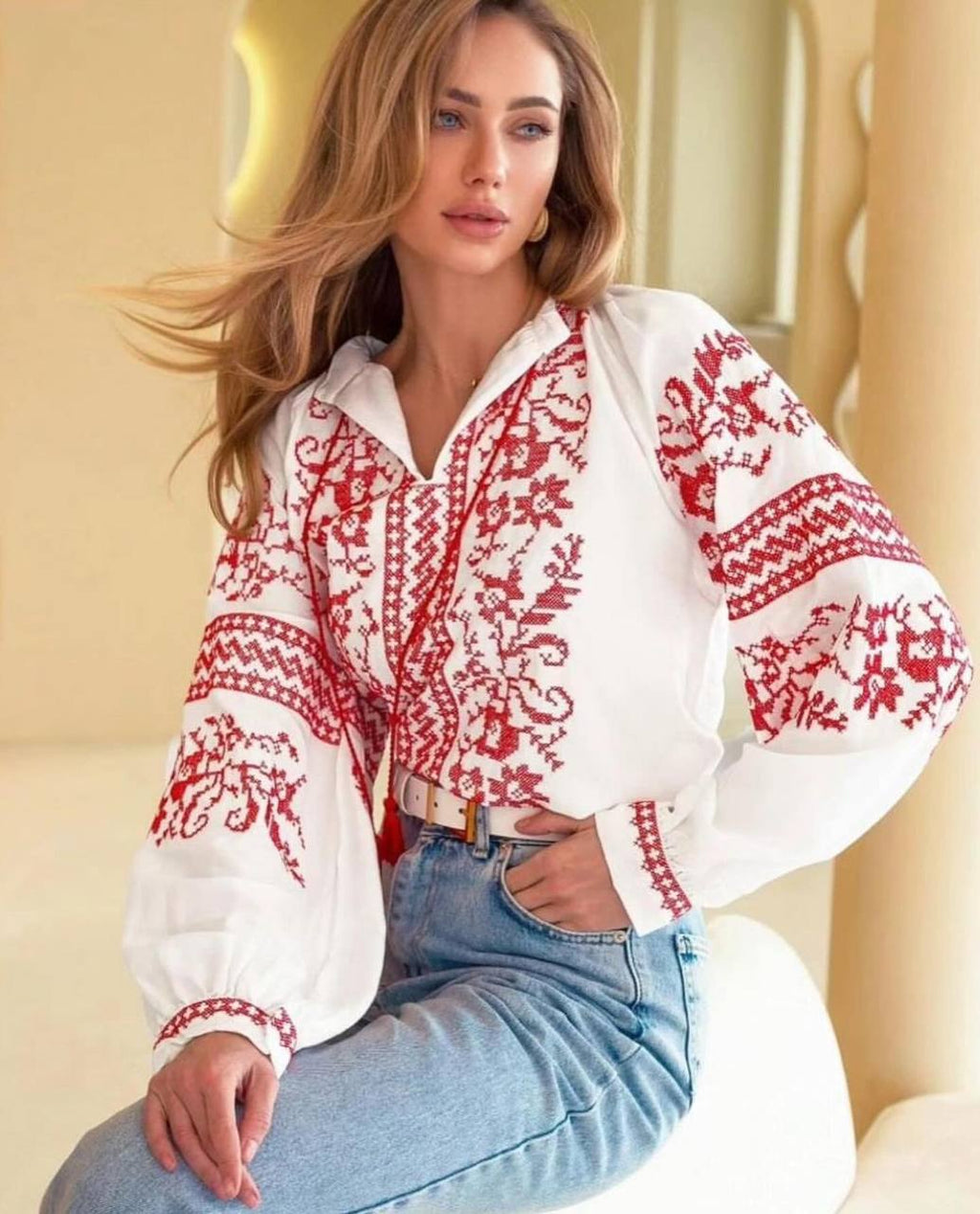 Women's Floral Embroidered Vyshyvanka Blouse - Tie Neck - product photo 6