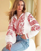 Women's Floral Embroidered Vyshyvanka Blouse - Tie Neck - product photo 6