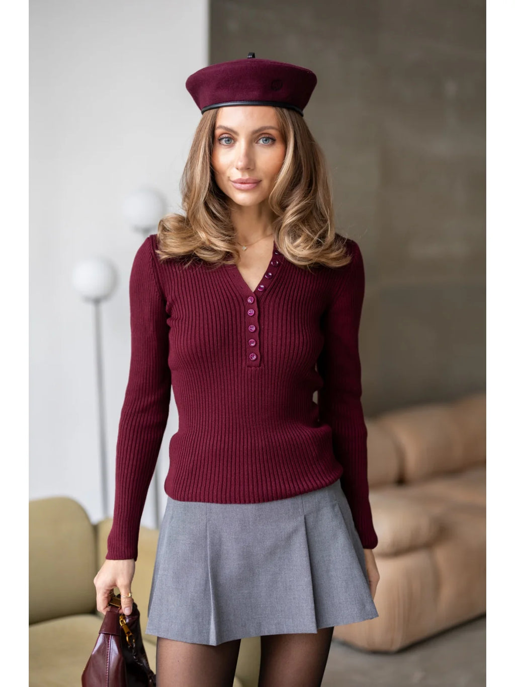Textured Cotton Button-Placket Long-Sleeve Top in Burgundy, main view