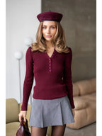 Textured Cotton Button-Placket Long-Sleeve Top in Burgundy, main view