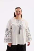 Berehynia Plus Size Linen-Cotton Vyshyvanka Blouse - Milk & Gray