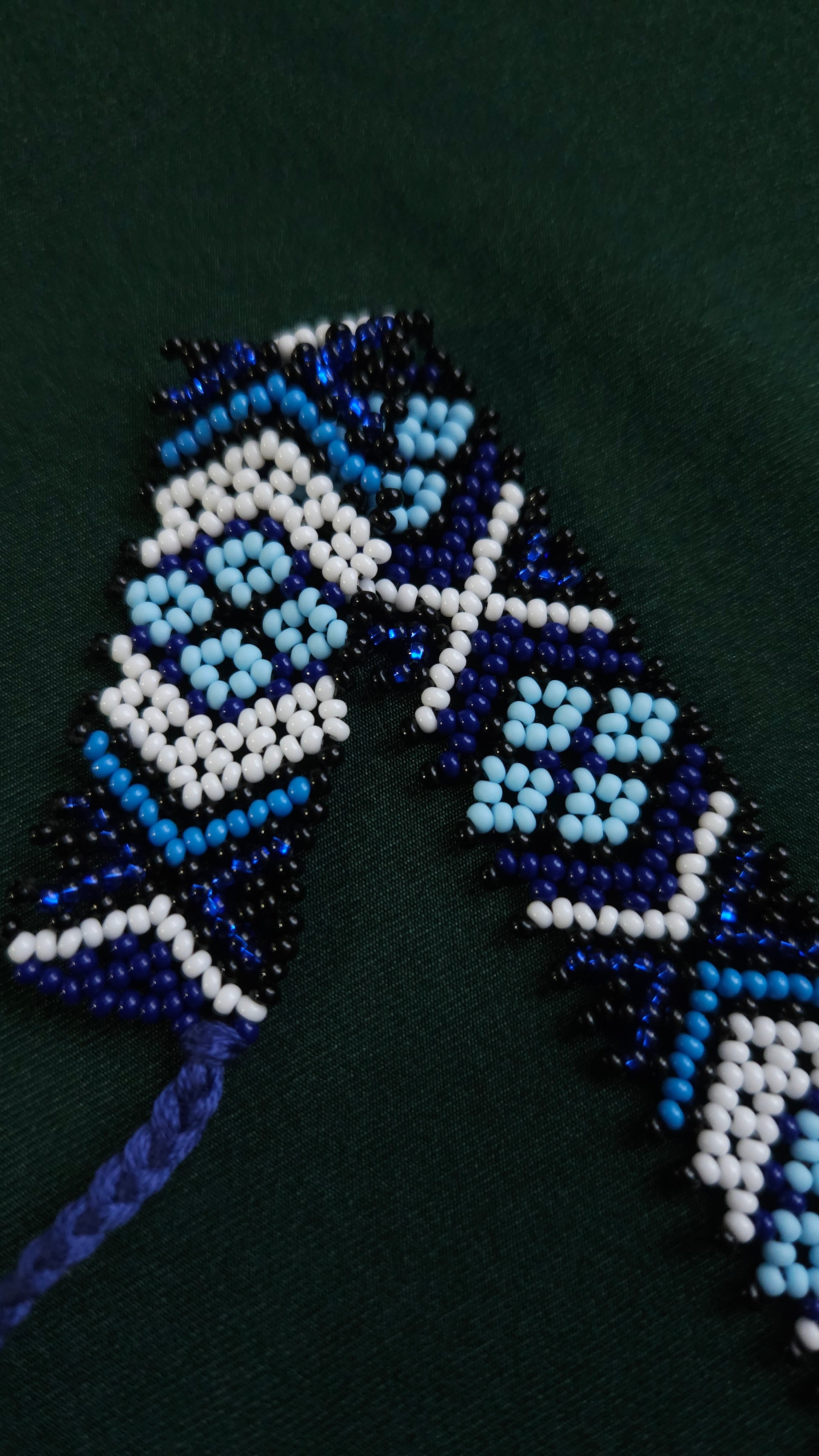 Lesya Ukrainka–Inspired Blue Sylianka – Beaded Ukrainian Choker in Blue, white and black – beadwork detail 1