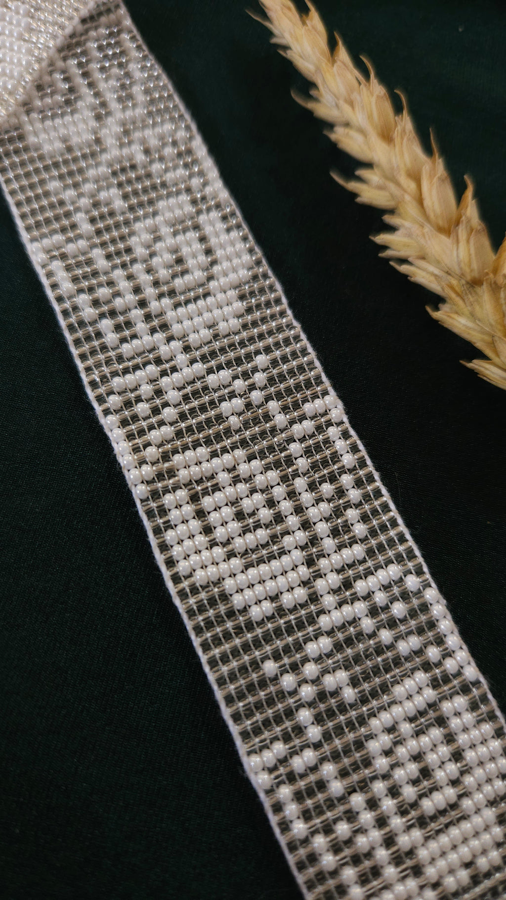 Poltava Merezhka Beaded Gerdan Choker – Ukrainian Necklace in Taupe and white – beadwork detail 1