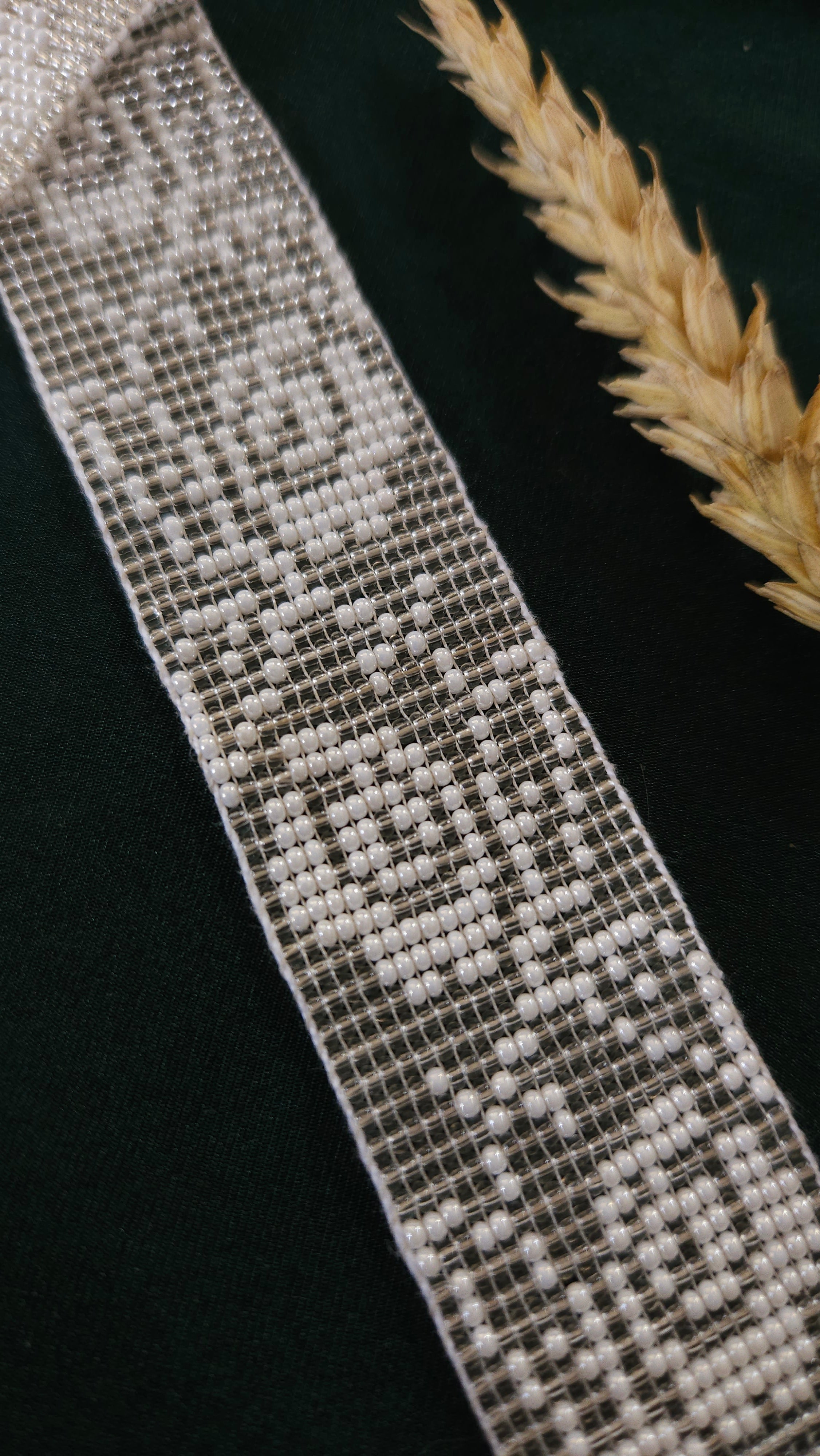 Poltava Merezhka Beaded Gerdan Choker – Ukrainian Necklace in Taupe and white – beadwork detail 1