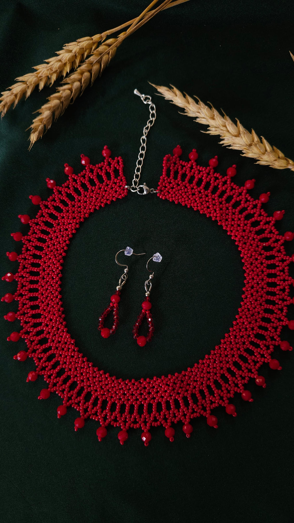 Red Czech Glass Bead Collar Necklace and Earrings Set in Red – styling view 2