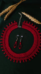 Red Czech Glass Bead Collar Necklace and Earrings Set in Red – styling view 2