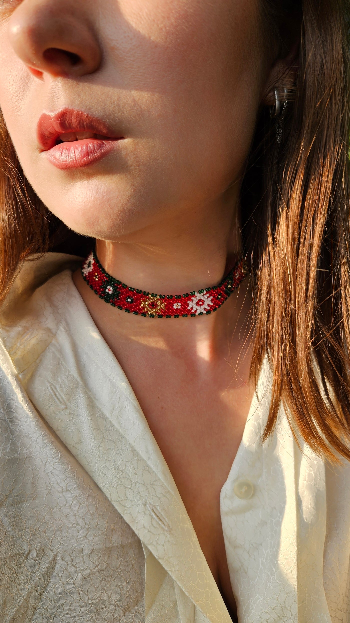 Krasa Red Floral Sylianka – Ukrainian Beaded Choker in Red, green and white – main view