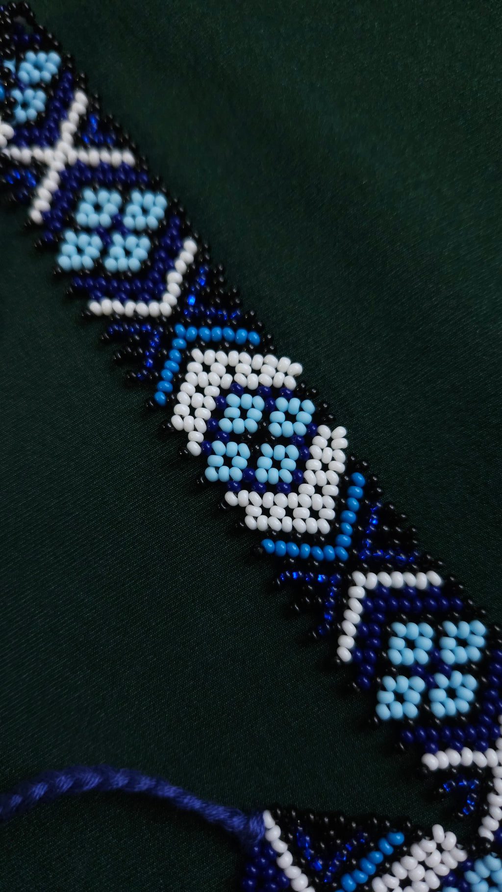 Lesya Ukrainka–Inspired Blue Sylianka – Beaded Ukrainian Choker in Blue, white and black – beadwork detail 2