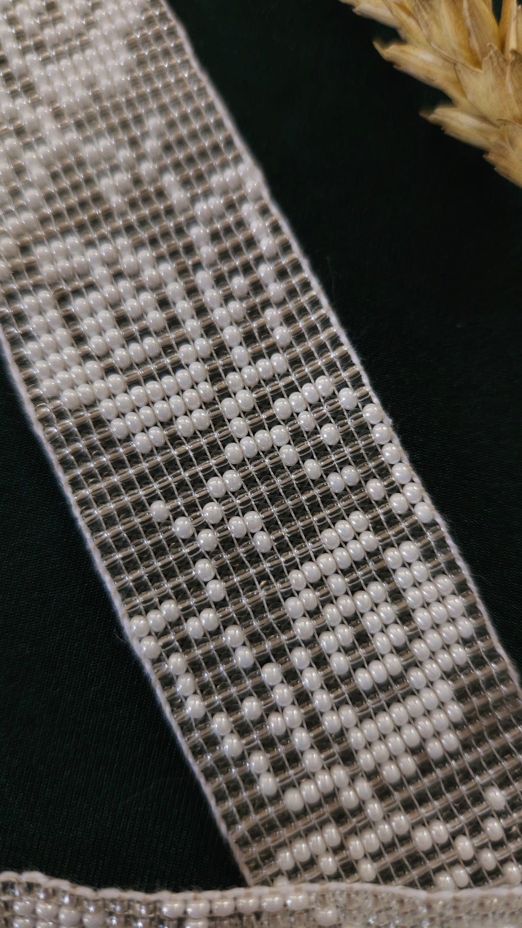 Poltava Merezhka Beaded Gerdan Choker – Ukrainian Necklace in Taupe and white – beadwork detail 2