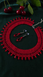Red Czech Glass Bead Collar Necklace and Earrings Set in Red – styling view 3