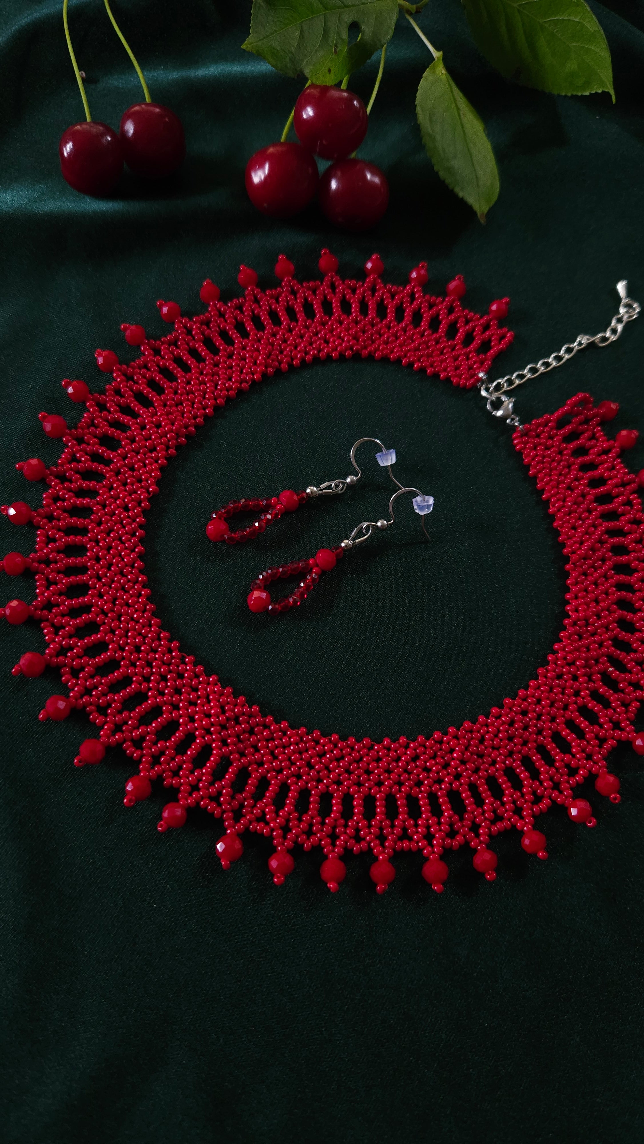 Red Czech Glass Bead Collar Necklace and Earrings Set in Red – styling view 3