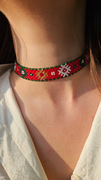 Krasa Red Floral Sylianka – Ukrainian Beaded Choker in Red, green and white – alternate view 3
