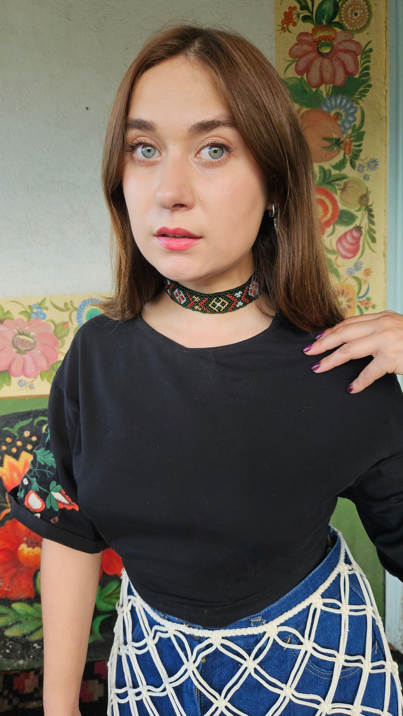 Western Podillia Beaded Ribbon Gerdan – Necklace, Headband or Belt in Black multicolor – main view