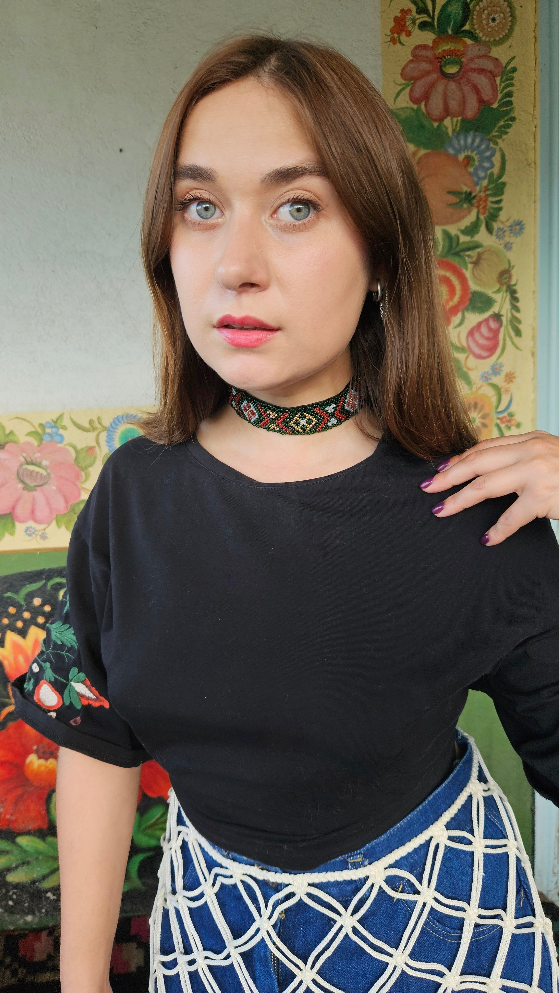 Western Podillia Beaded Ribbon Gerdan – Necklace, Headband or Belt in Black multicolor – main view
