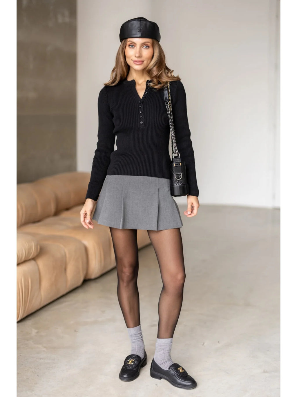 Textured Cotton Button-Placket Long-Sleeve Top in Black, alternate view