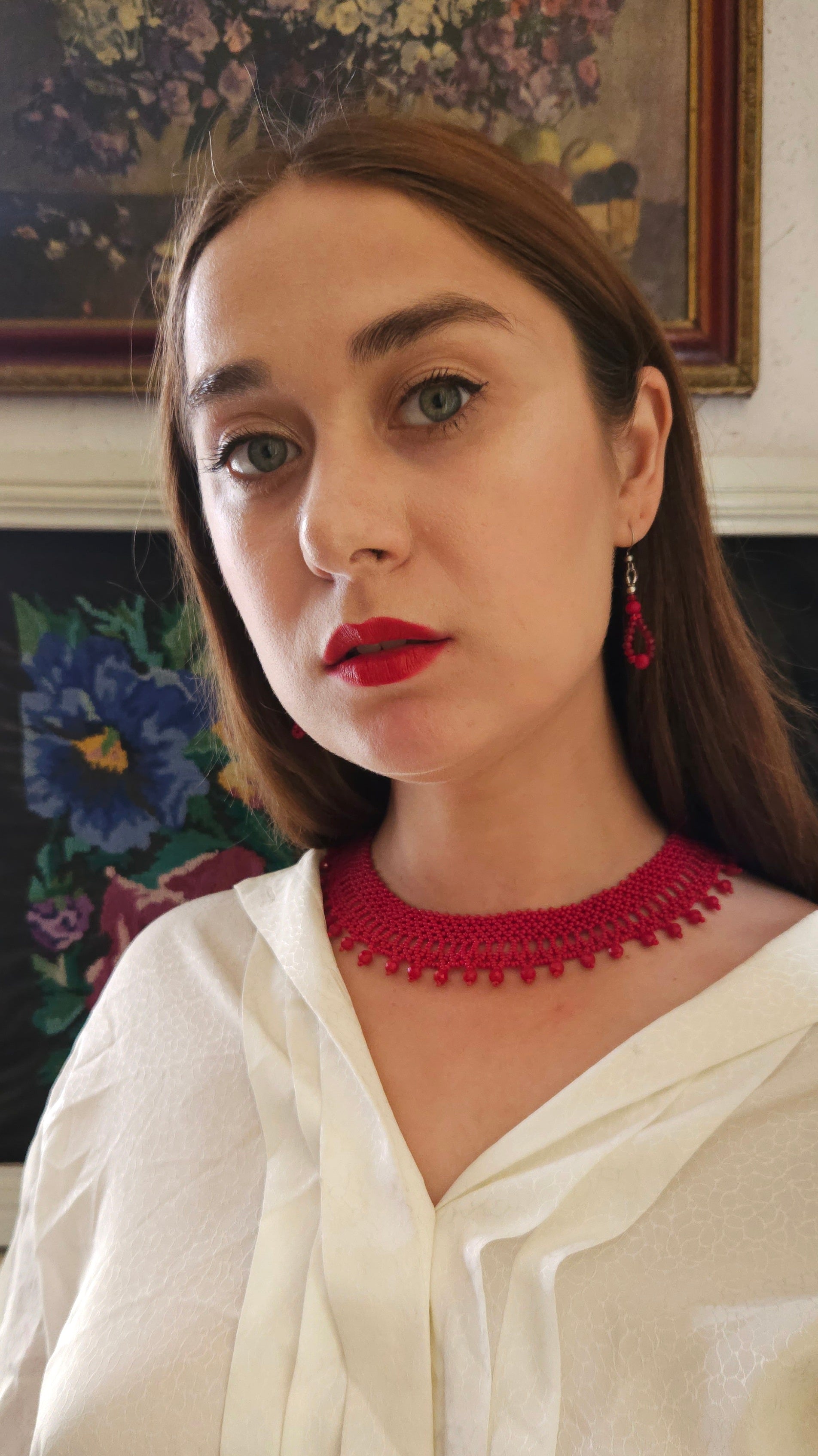 Red Czech Glass Bead Collar Necklace and Earrings Set in Red – beadwork detail 2
