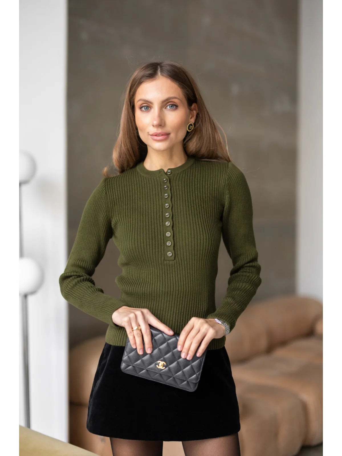 Textured Cotton Button-Placket Long-Sleeve Top in Khaki, alternate view