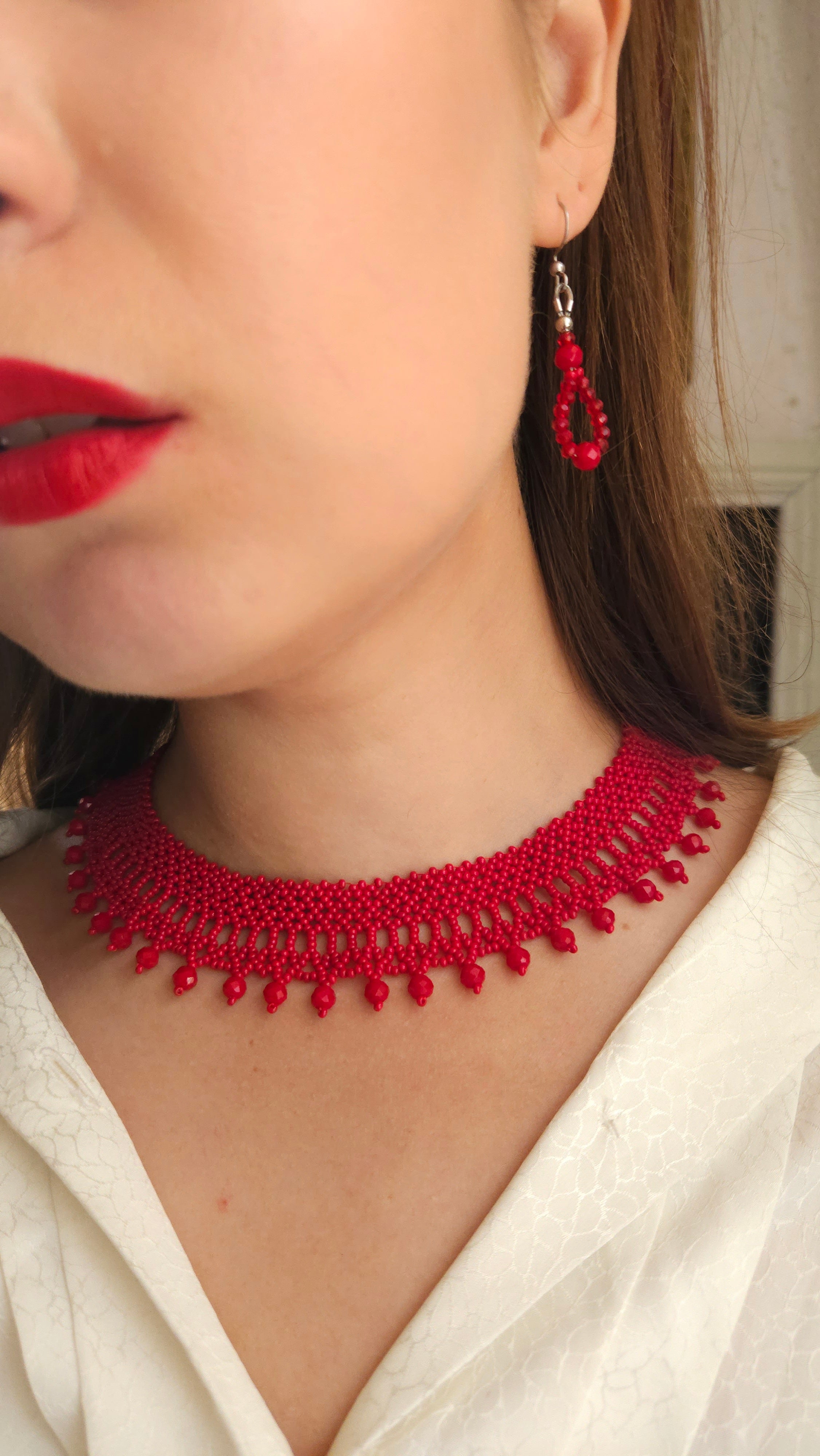 Red Czech Glass Bead Collar Necklace and Earrings Set in Red – alternate view 2