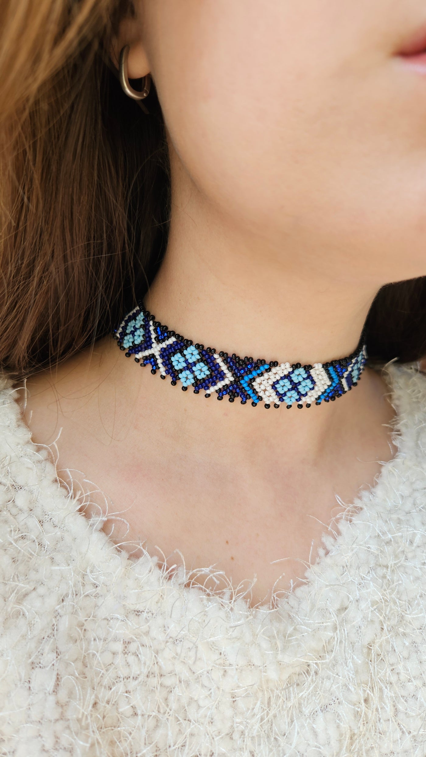 Lesya Ukrainka–Inspired Blue Sylianka – Beaded Ukrainian Choker in Blue, white and black – main view